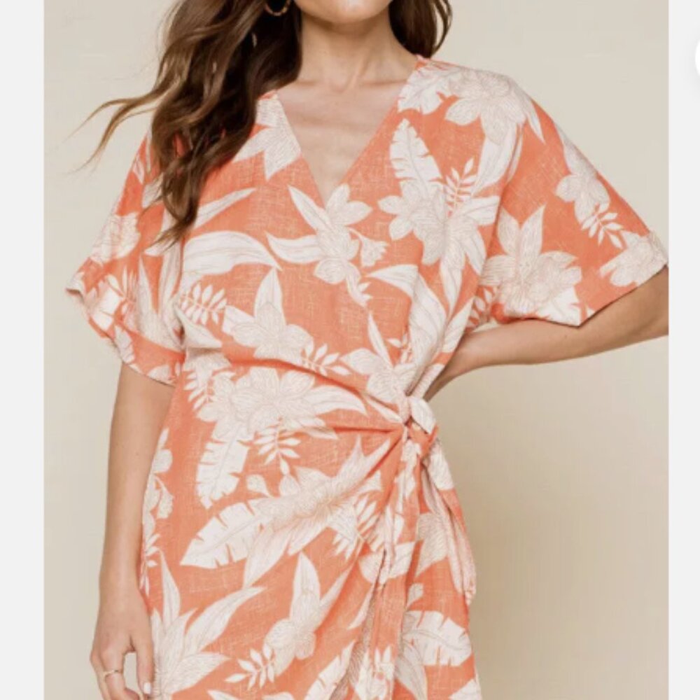 Amuse Society Mala Wrap S/S‎ Woven Dress Coral Tropical Resort Top NWT XS